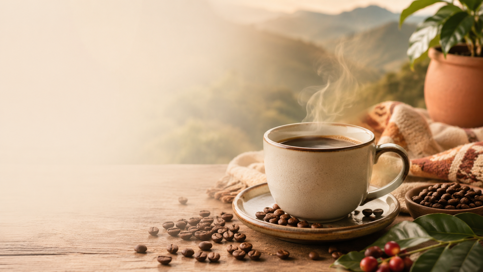Taza de café peruano de especialidad con vista a las montañas